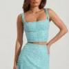 Fustă mini cu talie joasă și ornamente Jianna, albastru aqua Fustă mini cu talie joasă și ornamente Jianna, albastru aqua