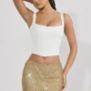 Fustă mini cu talie joasă și ornamente Jianna, în culoarea auriu Fustă mini cu talie joasă și ornamente Jianna, în culoarea auriu