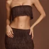 Fustă mini cu talie medie și franjuri Maristella, în culoarea ciocolată Fustă mini cu talie medie și franjuri Maristella, în culoarea ciocolată