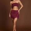 Fustă mini cu talie medie și franjuri Maristella, în culoarea roșu vin Fustă mini cu talie medie și franjuri Maristella, în culoarea roșu vin