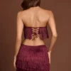 Fustă mini cu talie medie și franjuri Maristella, în culoarea roșu vin Fustă mini cu talie medie și franjuri Maristella, în culoarea roșu vin