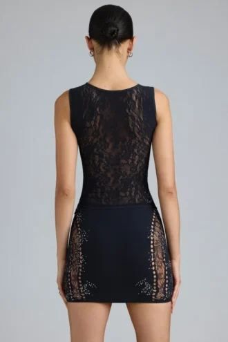 Fustă mini cu talie medie și ornamente Joni, negru Fustă mini cu talie medie și ornamente Joni, negru