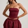 Fustă mini cu talie medie și tiv bufant Clemmy, în culoarea roșu vin Fustă mini cu talie medie și tiv bufant Clemmy, în culoarea roșu vin