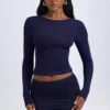 Fustă mini cu talie medie și volane din material Cali Modal, culoare albastru închis Fustă mini cu talie medie și volane din material Cali Modal, culoare albastru închis