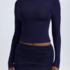 Fustă mini cu talie medie și volane din material Cali Modal, culoare albastru închis Fustă mini cu talie medie și volane din material Cali Modal, culoare albastru închis