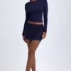 Fustă mini cu talie medie și volane din material Cali Modal, culoare albastru închis Fustă mini cu talie medie și volane din material Cali Modal, culoare albastru închis