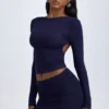 Fustă mini cu talie medie și volane din material Cali Modal, culoare albastru închis Fustă mini cu talie medie și volane din material Cali Modal, culoare albastru închis