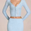 Cardigan Odelia din dantelă cu decolteu adânc, în albastru pudră Cardigan Odelia din dantelă cu decolteu adânc, în albastru pudră
