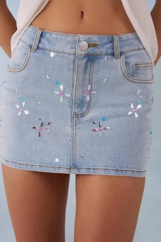 Fustă mini din denim cu talie medie Levara în denim deschis Fustă mini din denim cu talie medie Levara în denim deschis