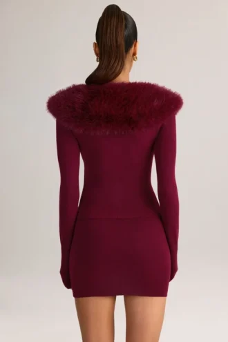 Fustă mini din tricot Tova, cu talie medie, în culoarea vinului