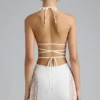 Fustă mini Joni cu talie medie și ornamente, în culoarea Ivory Fustă mini Joni cu talie medie și ornamente, în culoarea Ivory