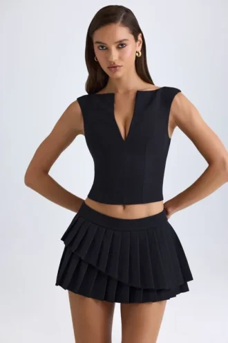 Fustă mini plisată cu straturi și talie joasă Nada, negru