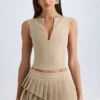 Fustă mini plisată, cu talie joasă, în straturi, model Nada, culoare camel