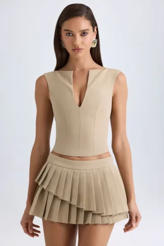 Fustă mini plisată, cu talie joasă, în straturi, model Nada, culoare camel