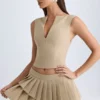 Fustă mini plisată, cu talie joasă, în straturi, model Nada, culoare camel