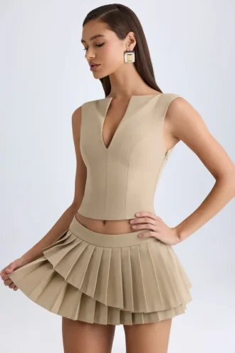 Fustă mini plisată, cu talie joasă, în straturi, model Nada, culoare camel