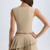 Fustă mini plisată, cu talie joasă, în straturi, model Nada, culoare camel