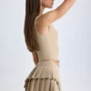 Fustă mini plisată, cu talie joasă, în straturi, model Nada, culoare camel