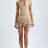 Fustă mini plisată, cu talie joasă, în straturi, model Nada, culoare camel
