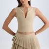 Fustă mini plisată, cu talie joasă, în straturi, model Nada, culoare camel