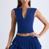 Fustă mini plisată în straturi, cu talie joasă, model Nada, în albastru marin