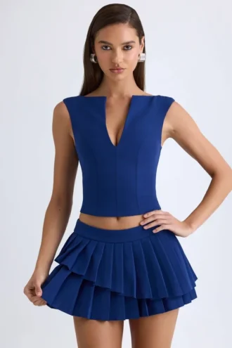 Fustă mini plisată în straturi, cu talie joasă, model Nada, în albastru marin