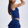 Fustă mini plisată în straturi, cu talie joasă, model Nada, în albastru marin