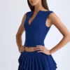 Fustă mini plisată în straturi, cu talie joasă, model Nada, în albastru marin