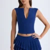 Fustă mini plisată în straturi, cu talie joasă, model Nada, în albastru marin