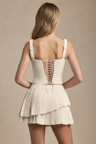 Fustă mini plisată în straturi, cu talie joasă, model Nada, în culoarea Ivory