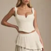 Fustă mini plisată în straturi, cu talie joasă, model Nada, în culoarea Ivory Fustă mini plisată în straturi, cu talie joasă, model Nada, în culoarea Ivory