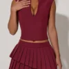 Fustă mini plisată în straturi, cu talie joasă, model Nada, în roșu vin