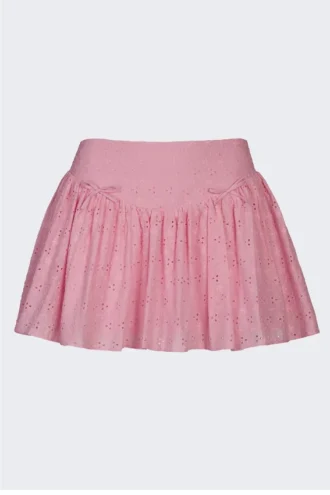 Fustă mini Thia cu detalii cu fundițe și broderie englezească, în roz pal