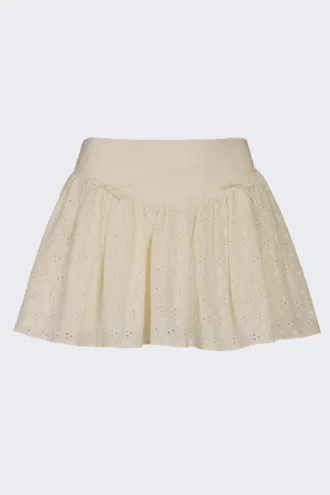 Fustă mini Thia cu detaliu fundă, din broderie englezească, în culoarea ivoriu Fustă mini Thia cu detaliu fundă, din broderie englezească, în culoarea ivoriu