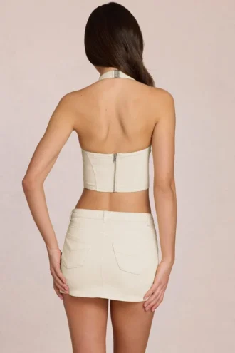 Fustă-pantalon din denim Virella cu talie joasă, culoare ivoriu Fustă-pantalon din denim Virella cu talie joasă, culoare ivoriu