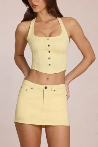 Fustă-pantalon din denim Virella cu talie joasă, în culoarea galben lămâie Fustă-pantalon din denim Virella cu talie joasă, în culoarea galben lămâie