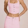 Fustă-pantalon din denim Virella cu talie joasă, în roz floare Fustă-pantalon din denim Virella cu talie joasă, în roz floare