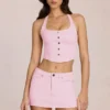 Fustă-pantalon din denim Virella cu talie joasă, în roz floare Fustă-pantalon din denim Virella cu talie joasă, în roz floare