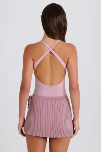 Fustă-pantalon din tricot cu nervuri, cu legătură, în nuanța mov Fustă-pantalon din tricot cu nervuri, cu legătură, în nuanța mov