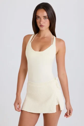 Fustă-pantalon din tricot cu nervuri, de culoare crem