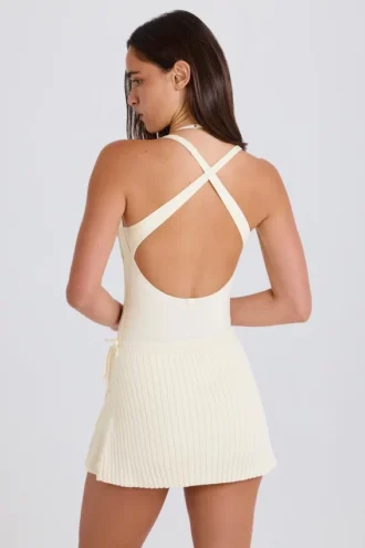 Fustă-pantalon din tricot cu nervuri, de culoare crem