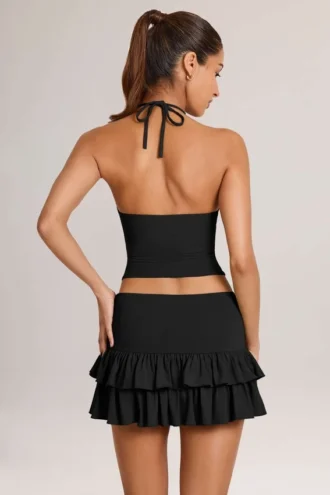 Fustă-pantalon mini cu volane Azaria Modal, talie medie, negru