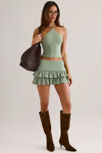 Fustă-pantalon mini cu volane din modal Azaria, de culoare verde salvie