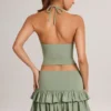 Fustă-pantalon mini cu volane din modal Azaria, de culoare verde salvie Fustă-pantalon mini cu volane din modal Azaria, de culoare verde salvie
