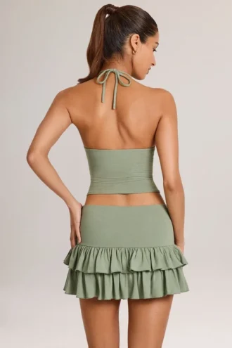 Fustă-pantalon mini cu volane din modal Azaria, de culoare verde salvie