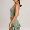Fustă-pantalon mini cu volane din modal Azaria, de culoare verde salvie Fustă-pantalon mini cu volane din modal Azaria, de culoare verde salvie