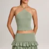 Fustă-pantalon mini cu volane din modal Azaria, de culoare verde salvie Fustă-pantalon mini cu volane din modal Azaria, de culoare verde salvie