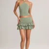 Fustă-pantalon mini cu volane din modal Azaria, de culoare verde salvie Fustă-pantalon mini cu volane din modal Azaria, de culoare verde salvie