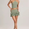Fustă-pantalon mini cu volane din modal Azaria, de culoare verde salvie Fustă-pantalon mini cu volane din modal Azaria, de culoare verde salvie