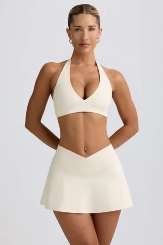 Fustă-pantalon mini din jersey periat, cu talie încrucișată, în culoarea Ivory Marl Fustă-pantalon mini din jersey periat, cu talie încrucișată, în culoarea Ivory Marl